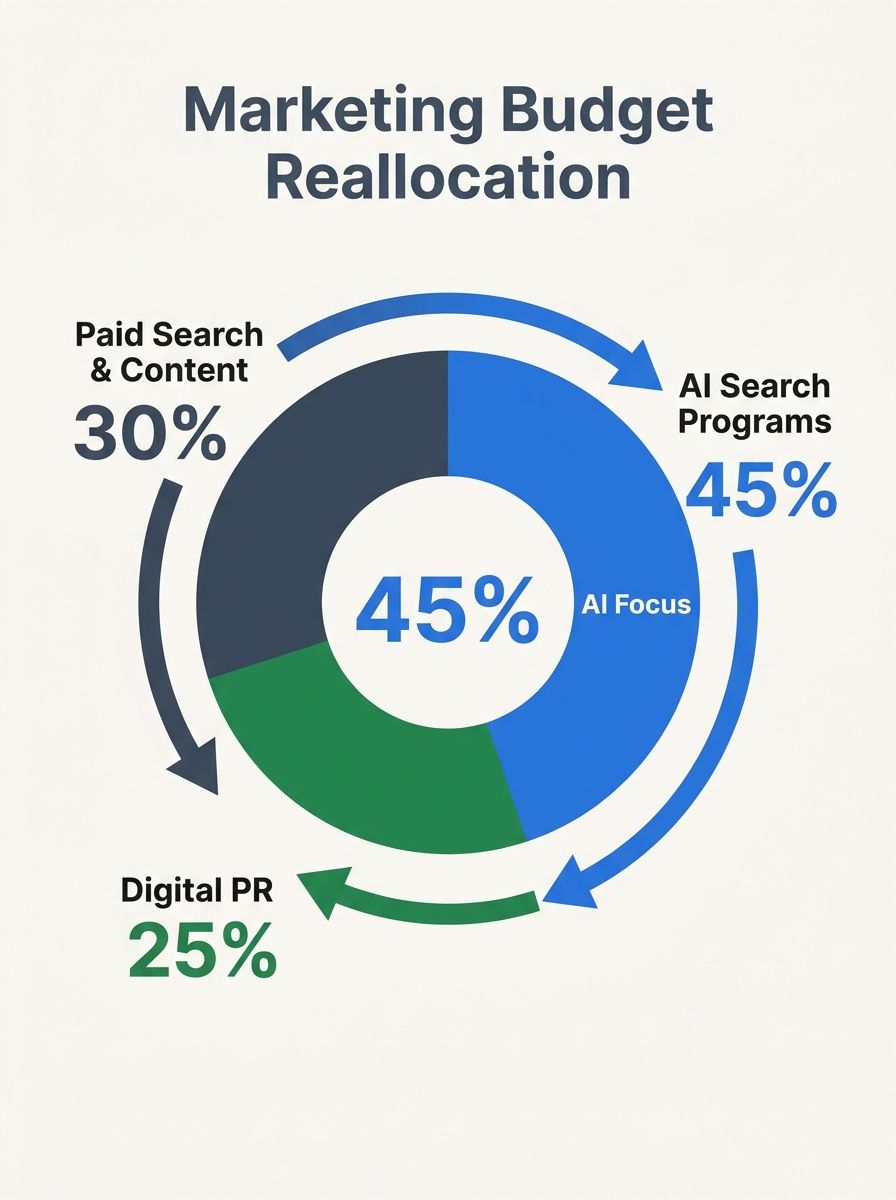 Marketing team restructuring budget allocation pie chart showing reallocation from paid search and content to AI search programs and digital PR