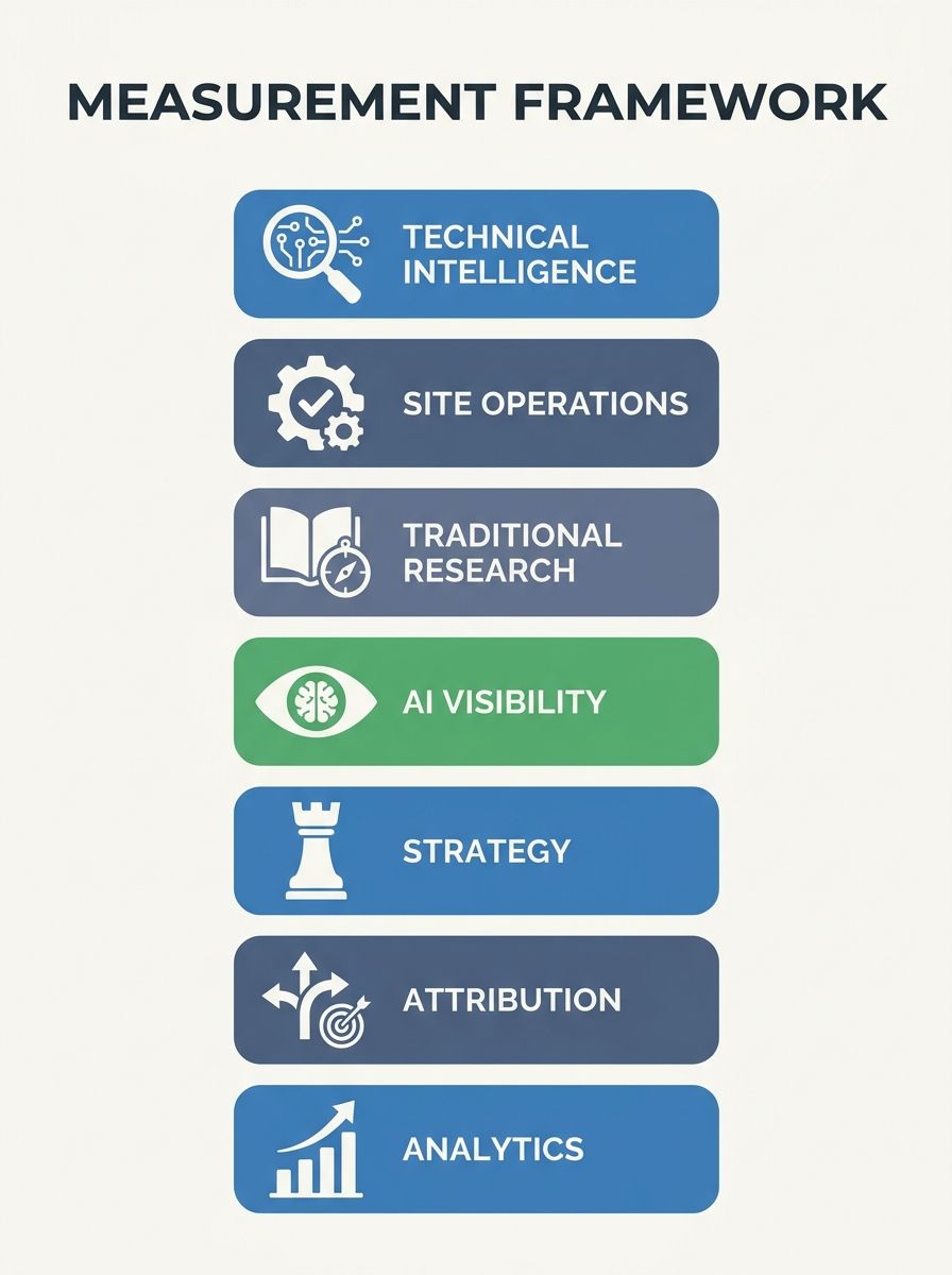 Seven-layer framework diagram showing technical intelligence, site operations, traditional research, AI visibility, strategy, attribution, and analytics as distinct measurement categories
