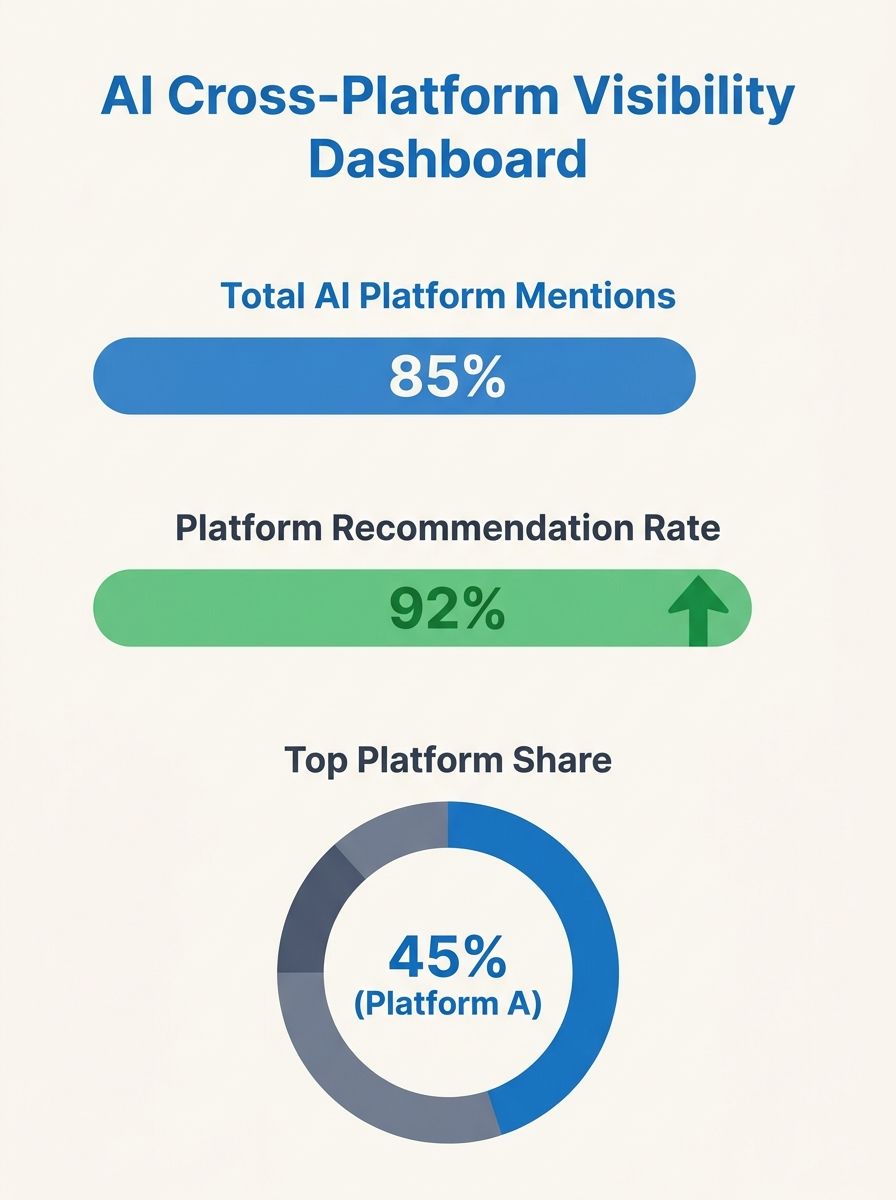 Dashboard showing AI visibility metrics across multiple platforms with mention and recommendation rates