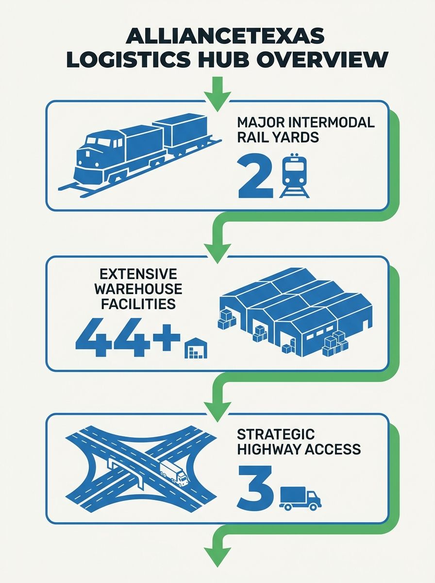Aerial view of AllianceTexas intermodal logistics hub showing rail yards, warehouses, and highway connections