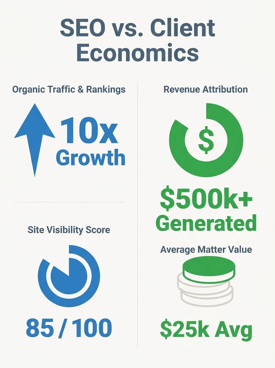 Split-screen visualization showing traditional SEO metrics dashboard on left versus client acquisition economics dashboard on right, with revenue attribution and matter value highlighted
